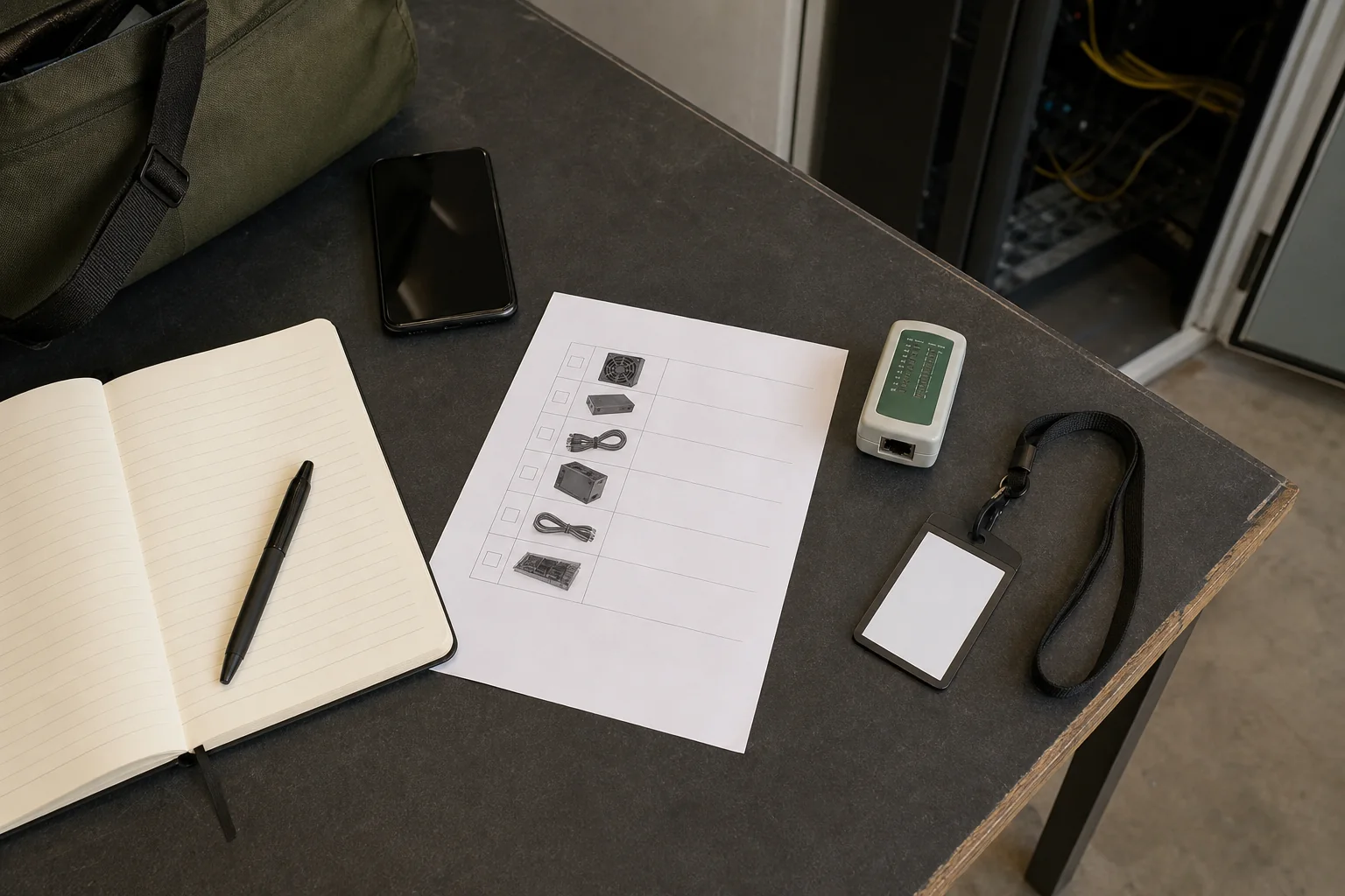 Table de vérification avec téléphone, checklist et outil de test
