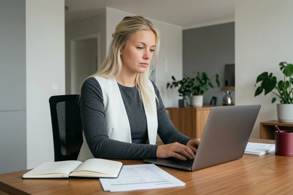 Erwachsene Person bei der Remote-Arbeit an einem Laptop in einem hellen Homeoffice