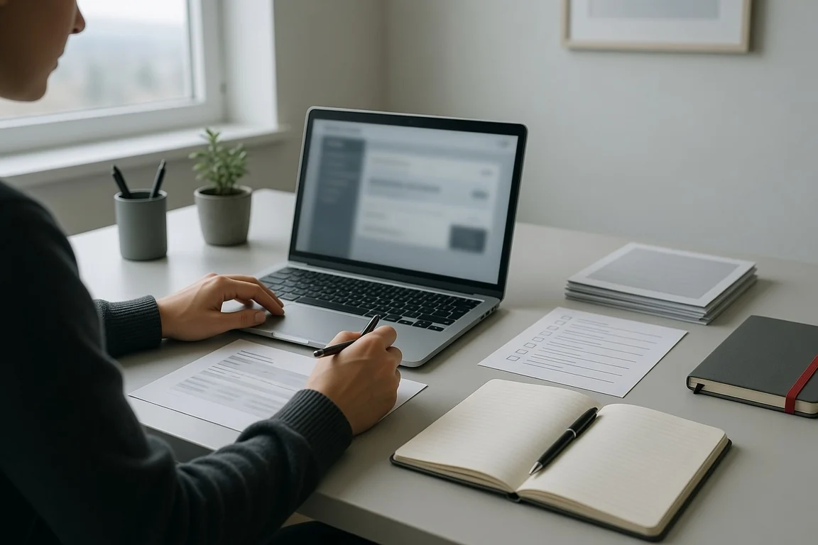 Geordneter Arbeitsplatz mit Laptop, Dokumenten und Notizbuch